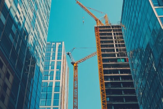 Construction of high-rise buildings in urban area with cranes and blue sky during daytime