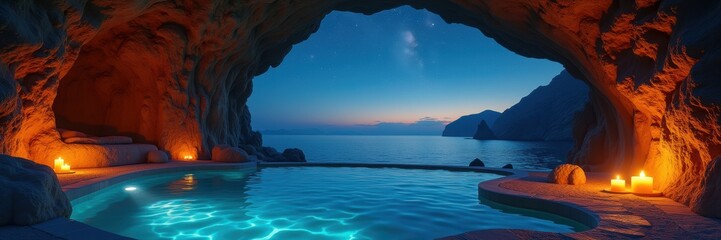 Fototapeta premium A serene cave pool at sunset, offering a perfect blend of luxury and nature. Ideal for wellness, travel, and real estate marketing.