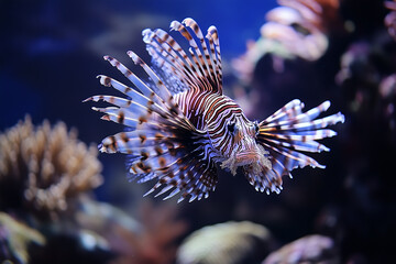 Stunning lionfish glides gracefully through a vibrant underwater habitat filled with colorful corals and marine life