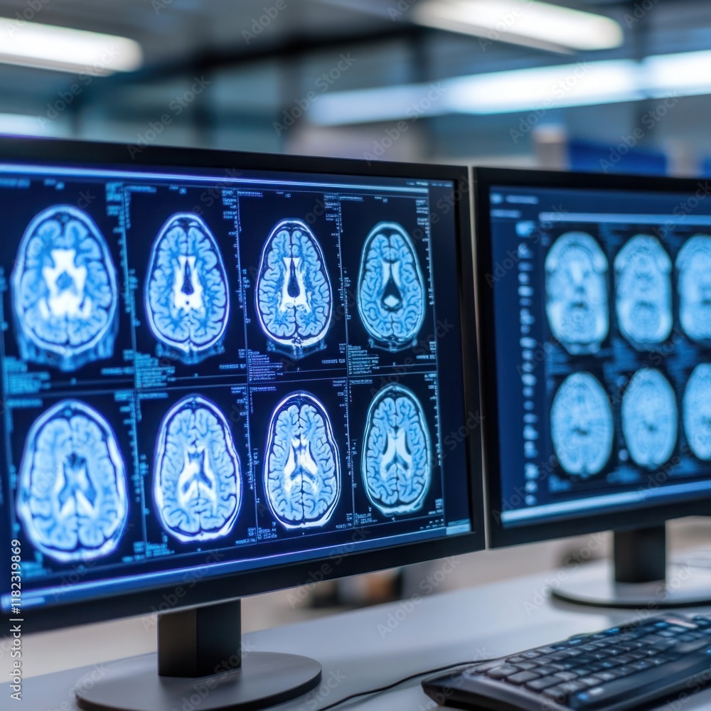 Aufkleber high-tech medical imaging displaying brain scans on dual monitors in modern healthcare environment w