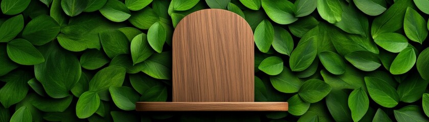 Wooden Shelf in Greenery: A rustic wooden shelf with an arched top sits nestled in a vibrant backdrop of lush green leaves, creating a natural and inviting display space for your products or messages.