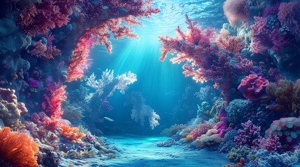 Fototapeta premium Vibrant underwater arch formed by colorful coral in a lively marine ecosystem