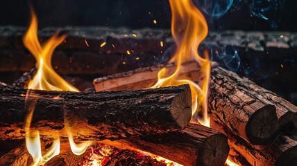 A close-up view of burning firewood in a fireplace, with vibrant flames and sparks creating a warm and cozy atmosphere. High quality photo