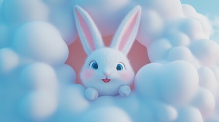 Fototapeta premium pastel easter bunny peeking out of pink and blue clouds