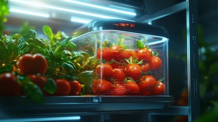 Futuristic Smart Food Storage with Fresh Tomatoes and Holographic Data. Generative AI