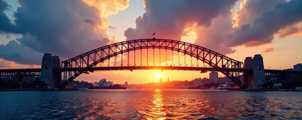 Obraz premium Dawn breaks over the Harbour Bridge with majestic clouds, light, sky