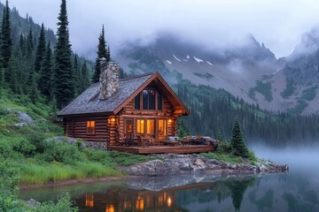 Obraz premium Scenic log cabin beside a serene lake in the mountains during early morning mist