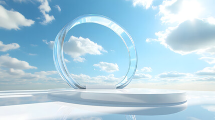 3D White Podium Stand with Circular Glass Backdrop on Blue Sky for Modern Interior Product Display Mockup.