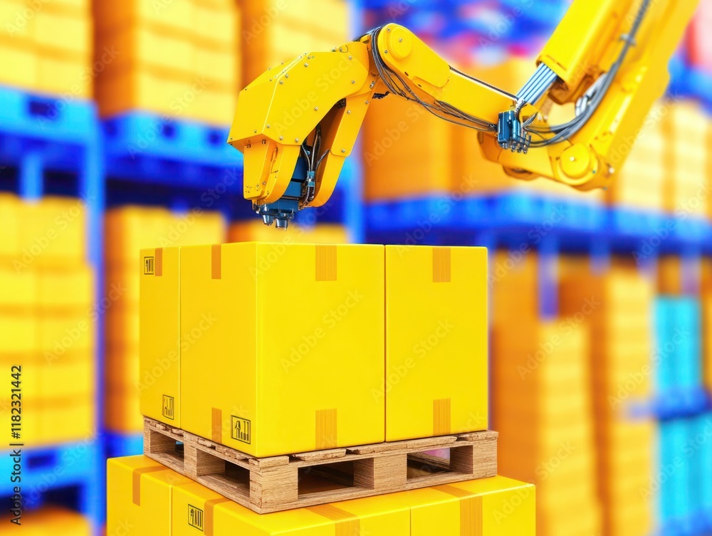 Aufkleber Robotic Arm Handling Yellow Boxes in a Warehouse Setting with Colorful Shelving and Stacked Pallets in a Modern Distribution Environment