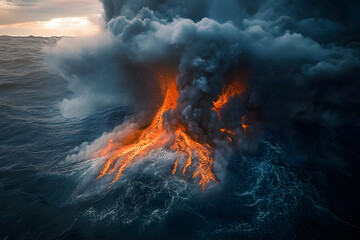 Underwater volcanic eruption process. Landscape of volcano with exploding and flowing lava and magma under the sea. Hot volcanic magma eruption and exploding with smoke infernal. Natural disaster