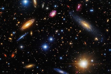 Obraz premium Vast expanse of galaxies and cosmic objects captured in deep space with vivid colors and intricate details