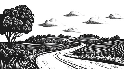 Winding country road, pastoral landscape, woodcut style, rural scene, design element