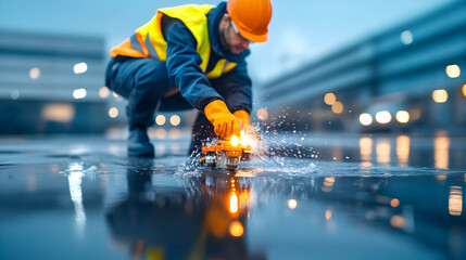 A faulty water meter spraying water, with a technician in a safety vest adjusting valves and inspecting the damage. Urban setting in the background
