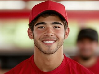 Portrait of a Happy Young Male Smiling in a Bright Red Cap and T-Shirt Against a Colorful Background in a Sports Setting, Conveying Youth and Energy