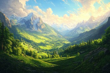 Fototapeta premium Majestic mountain landscape with bright sunlight illuminating lush greenery in a serene valley