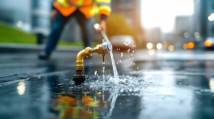 A faulty water meter spraying water, with a technician in a safety vest adjusting valves and inspecting the damage. Urban setting in the background