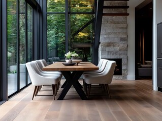 Fototapeta premium A dining room with a wooden table and chairs in it