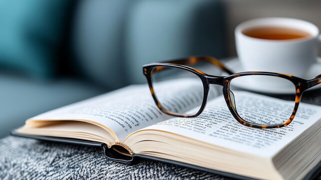 A pair of glasses sitting on top of an open book next to a cup of coffee