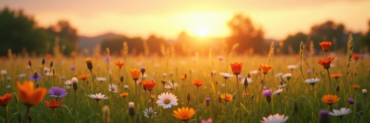 Obraz premium A vibrant wildflower field basking in golden sunlight, perfect for nature-related projects, wellness themes, or seasonal promotions.