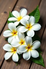 Fototapeta premium Isolated white plumeria flowers on a wooden surface, natural, isolated, pure