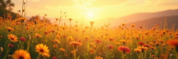 A breathtaking sunrise over a vibrant wildflower field, perfect for conveying beauty, tranquility, and the serene aspects of nature.