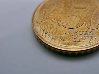 50 euro cent coin close up on a white background with copy space