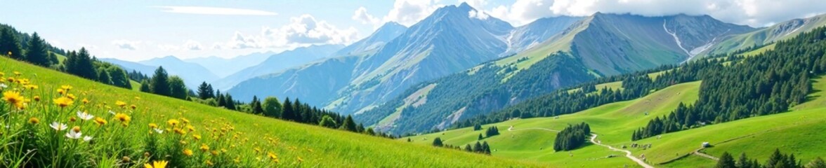 Obraz premium Majestic mountain range with a vast expanse of lush green meadows and wildflowers, hills, grasslands, wildflowers