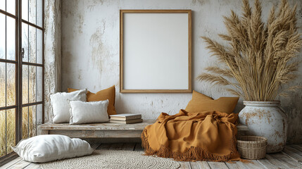 White blank frame on neutral wall background for creative designs With Natural Decor Elements
