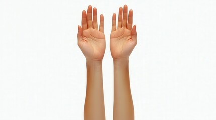 Obraz premium Two open hands raised with palms facing forward against a white background. Ideal for showcasing products or demonstrating gestures.