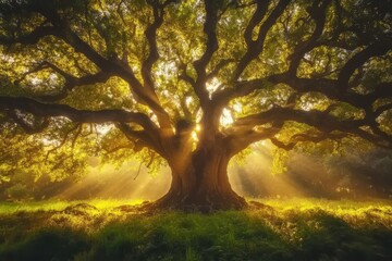 Fototapeta premium Sunlight filters through the branches of a large oak tree in a serene forest during early morning hours