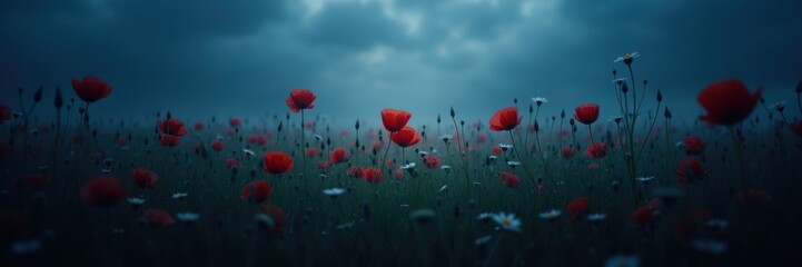Fototapeta premium A serene field of red poppies under moody skies, evoking a sense of calm and beauty. Perfect for nature themes, wellness, and creative design projects.