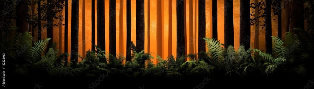 Poster enchanted forest at dusk: an atmospheric image of a dark forest at twilight, with glowing orange tre