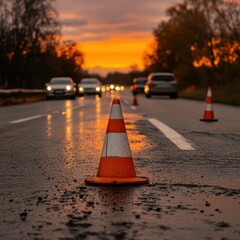 Traffic Cones on Roadway at Sunset with Cars Passing