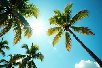 Palm tree against sunlit sky with lush greenery, summer, palm trees