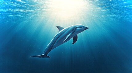 Obraz premium Laughing dolphin swims joyfully under bright sunlight in clear blue ocean waters