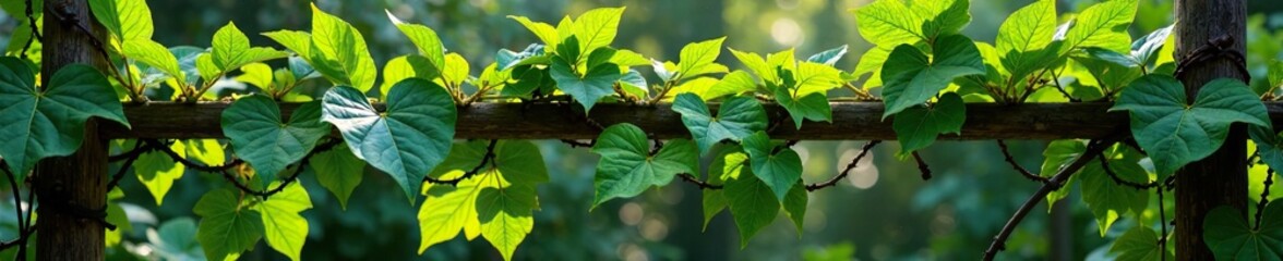 Obraz premium Passion flower vines crawling up a trellis in the garden, naturalgrowth, overgrowth