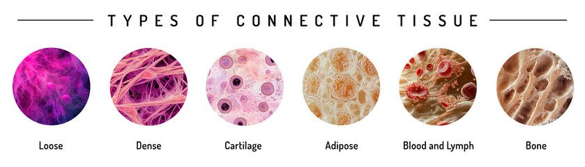An educational illustration showcasing six types of connective tissue: loose, dense, cartilage, adipose, blood and lymph, and bone. Microscopic views highlighting their structure