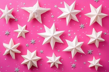 White decorative stars on a vibrant pink background create a festive atmosphere for celebration