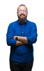 Fototapeta premium Young caucasian hipster man wearing glasses over isolated background happy face smiling with crossed arms looking at the camera. Positive person.