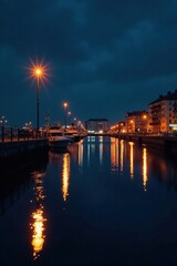 Obraz premium Quiet nighttime reflections on the harbor's surface, shadows, calmness, darkness