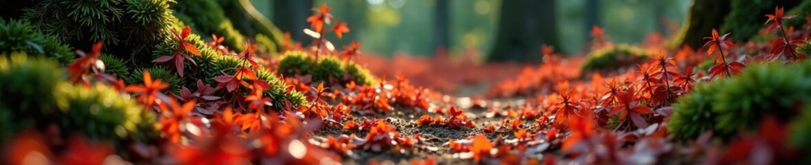 Red and orange cypress needles scattered on the forest floor, leaves, cypress, foliage
