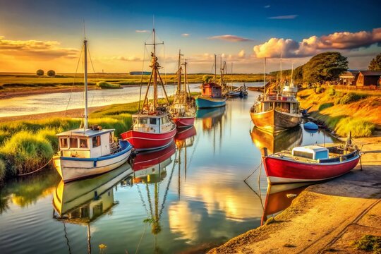 Vintage Sun-Drenched Creekside Boats: Oare, Kent, England