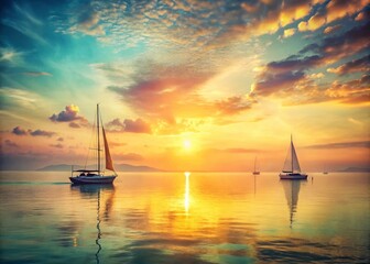 Fototapeta premium Vintage Sunrise Seascape: Boats on Calm Ocean at Dawn