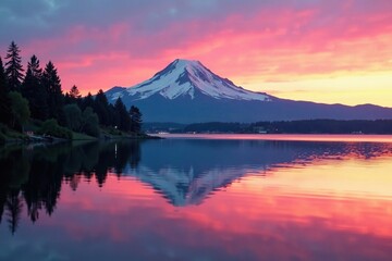 Reflection of Mount Rainier on calm Tacoma Waterfront at dawn, sunrise, peaceful scene, lake