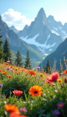 Fototapeta premium A stunning mountain landscape adorned with vibrant wildflowers in the foreground, perfect for nature-themed projects, travel promotions, and outdoor events.