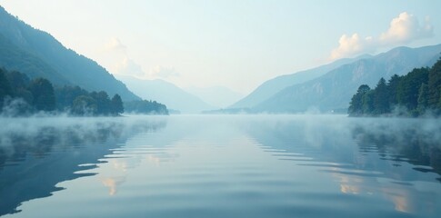 Serene lake scene with wispy clouds and mist in foreground, gentle ripples, foggy, pond
