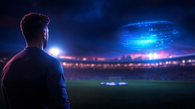 Futuristic Digital Soccer Stadium with Holograms. Generative AI