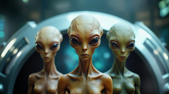 Close-up of alien figures with humanoid features in a sci-fi environment
