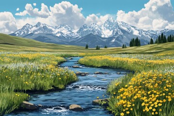 Obraz premium Serene river flowing through vibrant wildflower fields with majestic mountains in the background