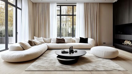 Minimalist living room, large white sectional sofa, circular black coffee table, round cream rug, floor-to-ceiling windows, sheer curtains, natural light, neutral color palette, clean lines, modern in